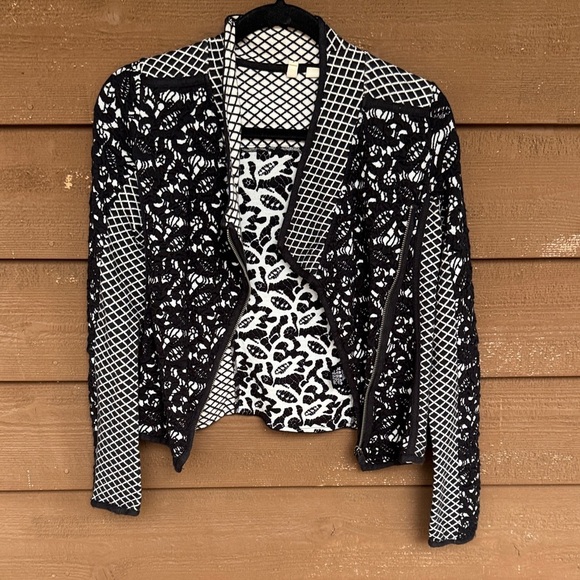 Moth Jackets & Blazers - Moth Anthropologie Black and White Lace Patterned Moto Style Sweater